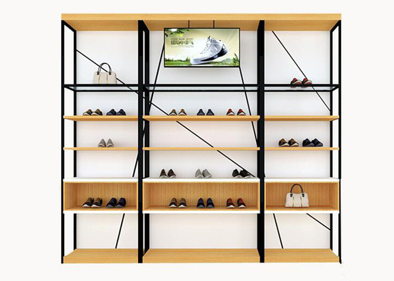 Metal And Wooden Wall Shoe Display Racks , Shoe Display Fixtures Easy Install supplier