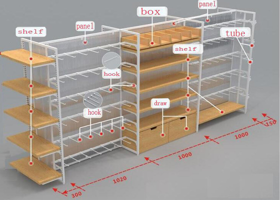 Multifunction 4 Sided Metal Retail Display Shelves With Hooks And Cabinets supplier