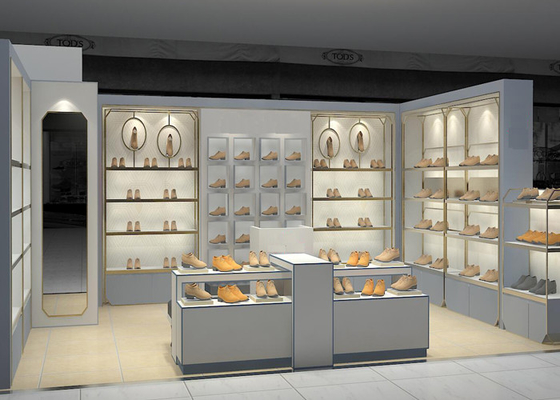 Shopping Mall Retail Shoe Store Fixtures With Tall Cabinet And Tables Modern Style supplier