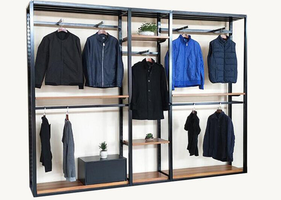 Metal Tube Wooden Shelf Garment Display Stands For Chain Stores Easy Assembly supplier