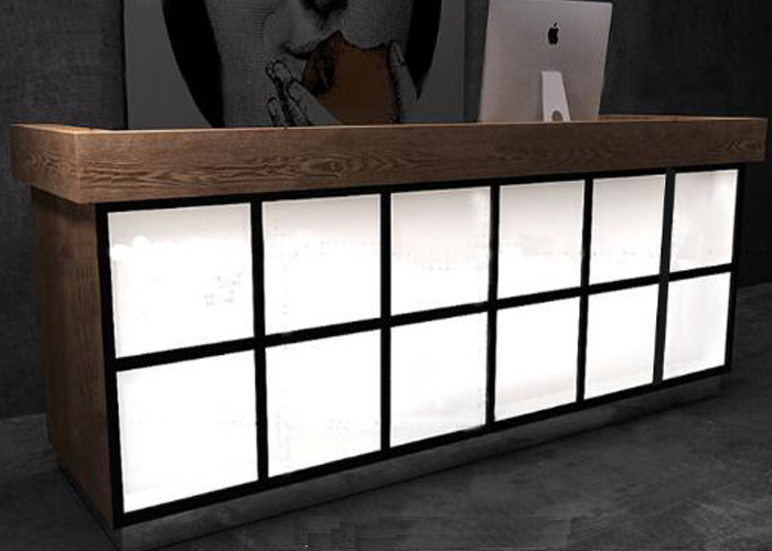 Luxury Wooden Veneer Surface Grocery Store Checkout Counter With Lighting Box supplier