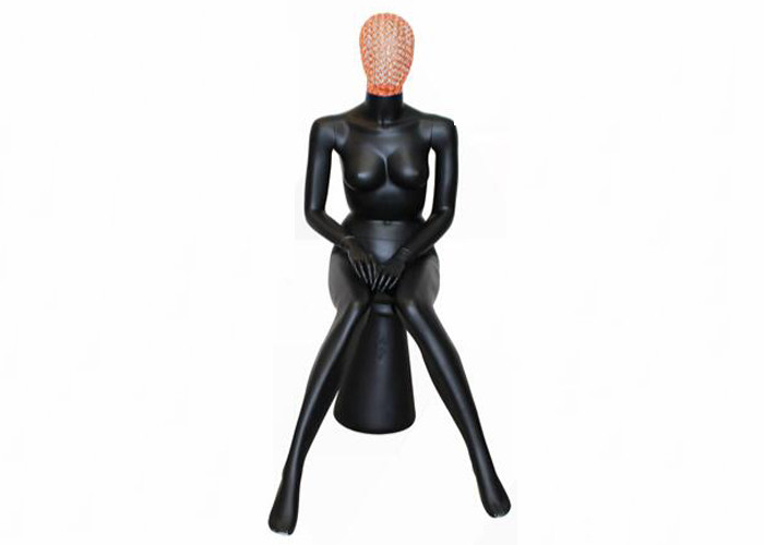 Shiny Black Female Shop Display Mannequin Faceless Sitting Style With Head supplier